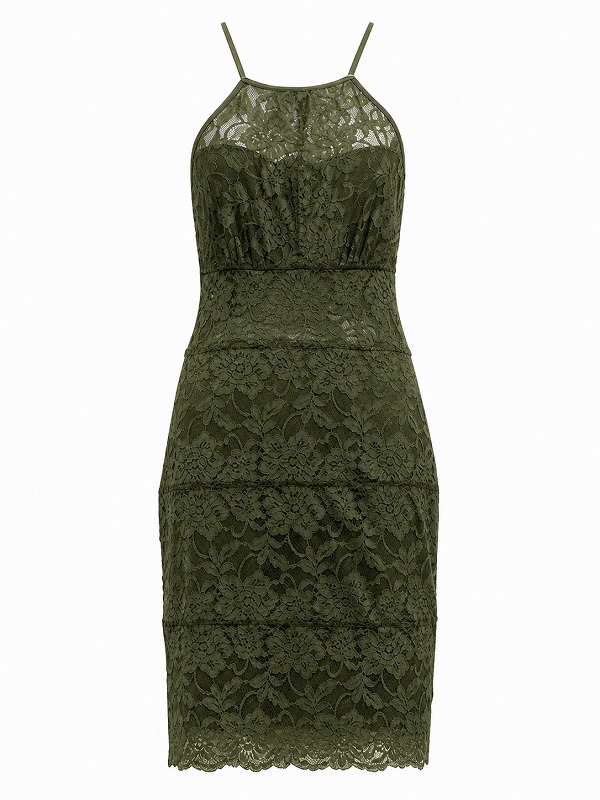 【新品DRESS 924】総レースホルターネックタイトミニドレス グリーン【GUESS】